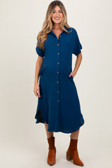 Navy Button Down Front Pocket Maternity Midi Dress