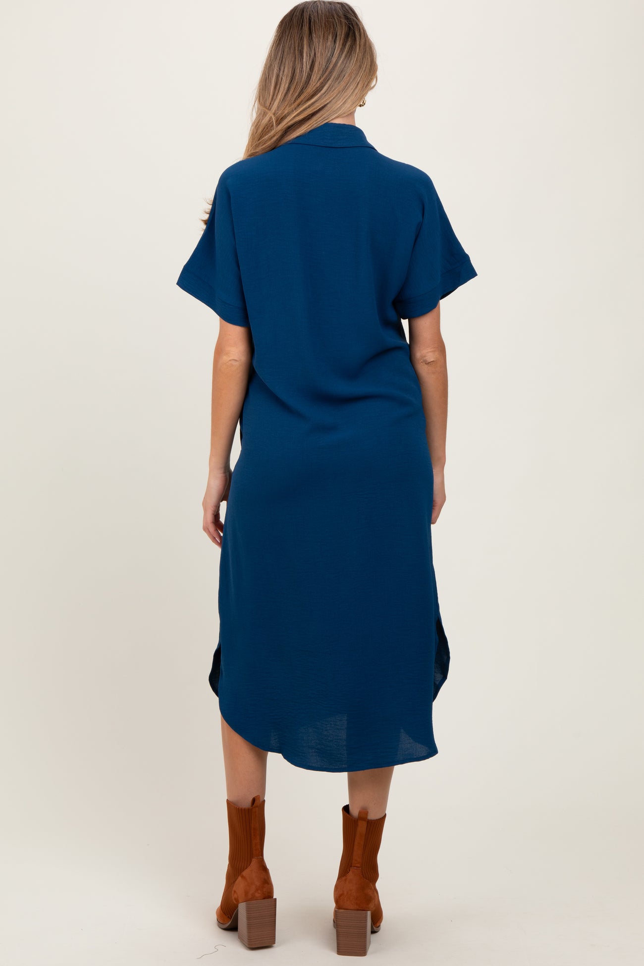 Navy Button Down Front Pocket Maternity Midi Dress