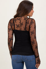 Black Mesh Lace High Neck Long Sleeve Maternity Top