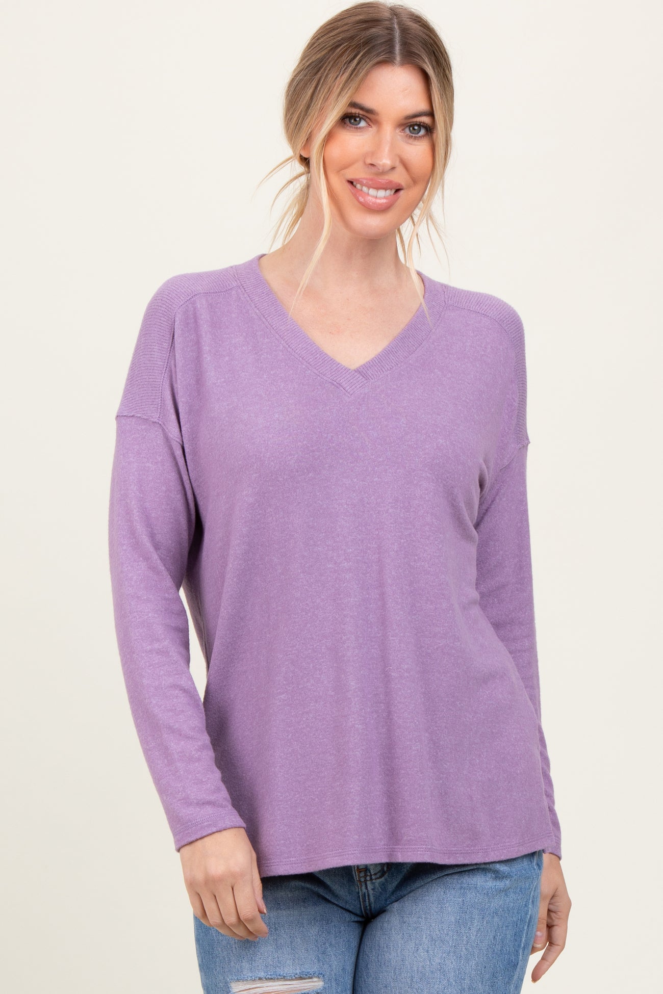 Lavender Basic V-Neck Long Sleeve Brushed Knit Maternity Top