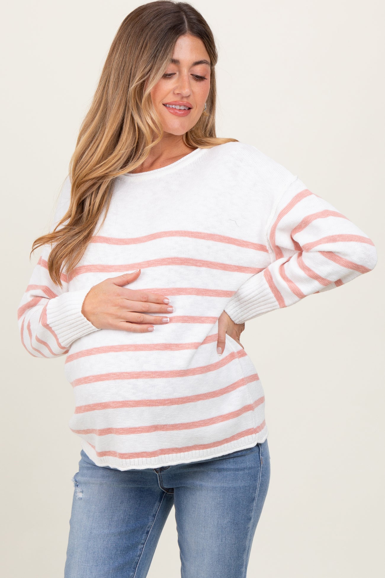Peach Striped Cuff Maternity Sweater