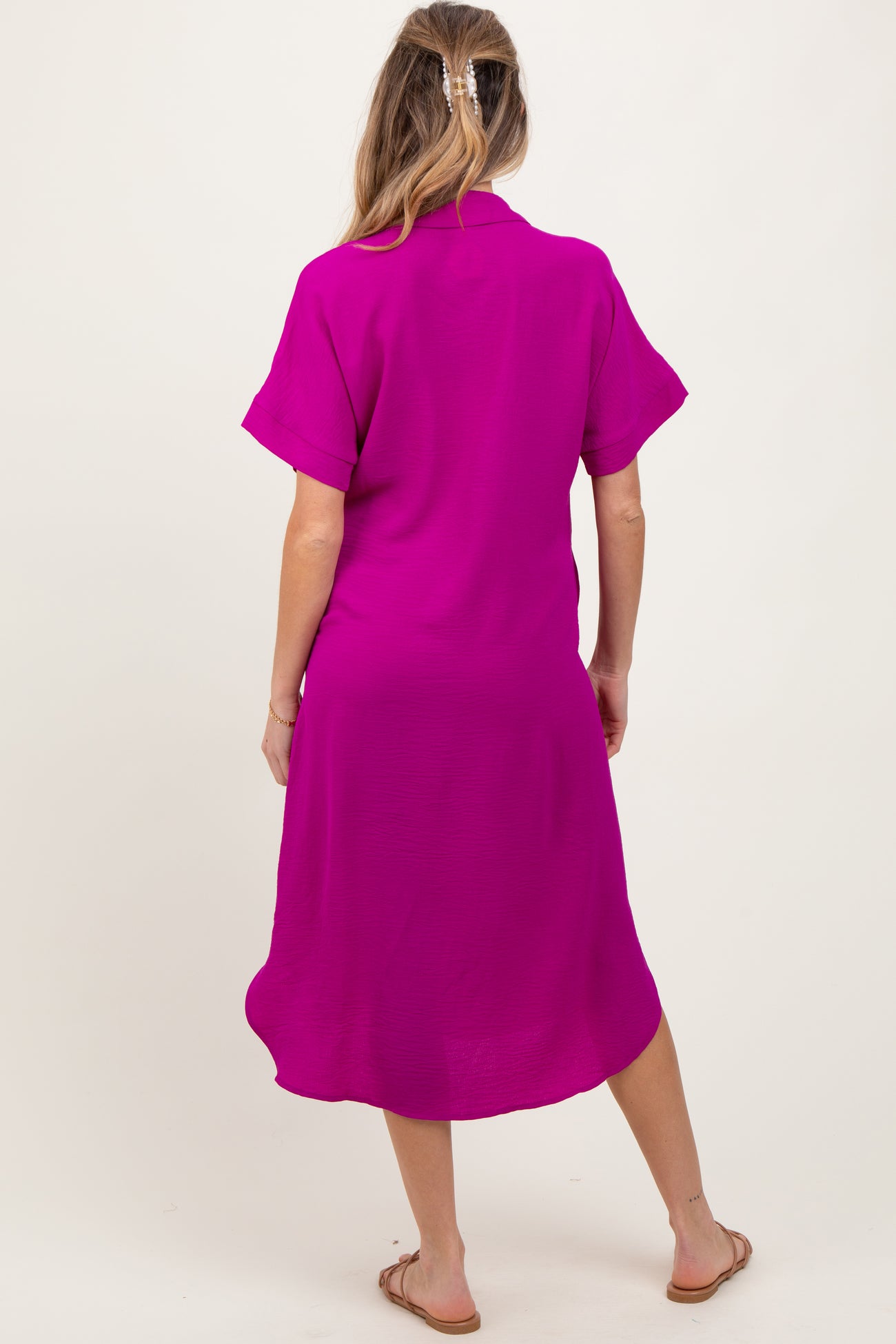 Fuchsia Button Down Front Pocket Maternity Midi Dress