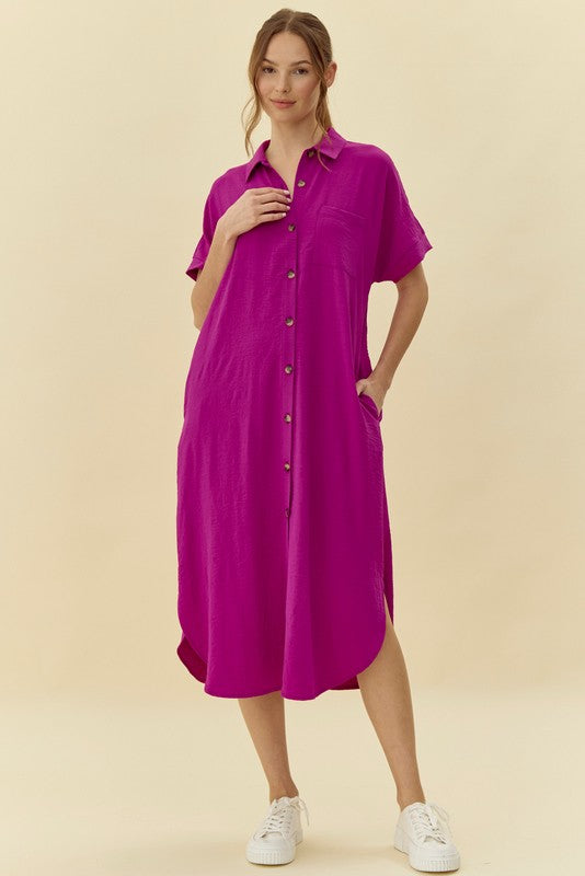 Fuchsia Button Down Front Pocket Maternity Midi Dress