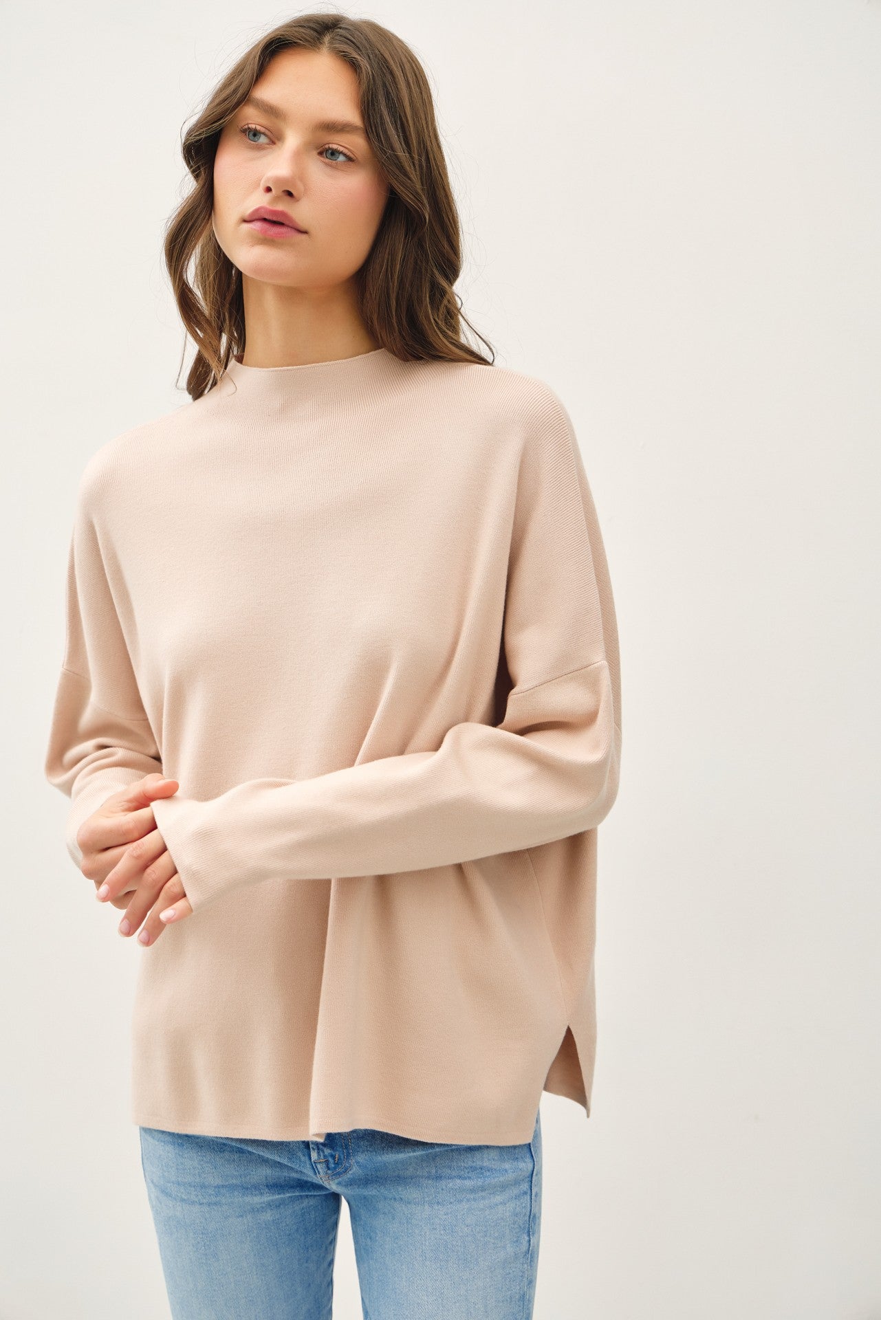 Beige Relaxed Fit Mock Neck Maternity Sweater