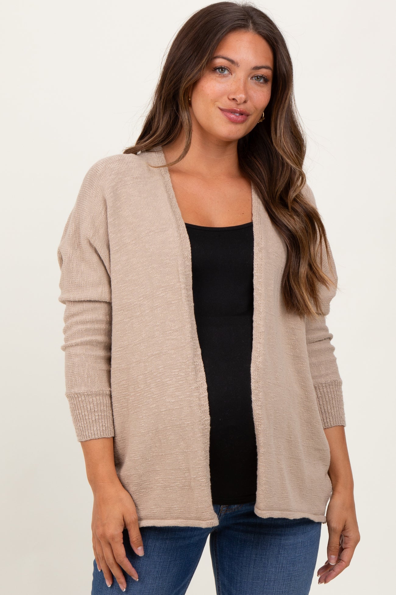 Taupe Slub Knit Open Maternity Cardigan