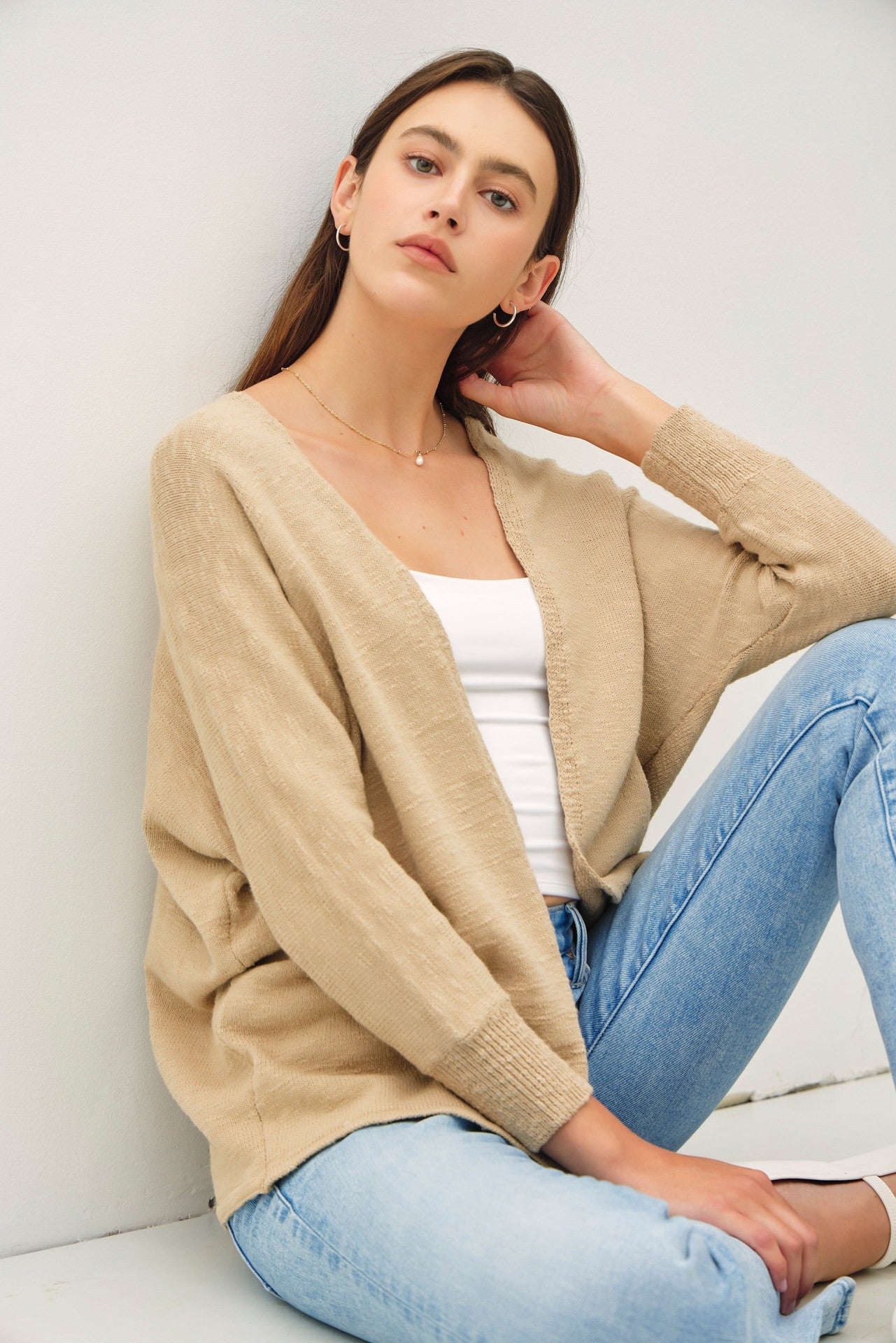 Taupe Slub Knit Open Maternity Cardigan
