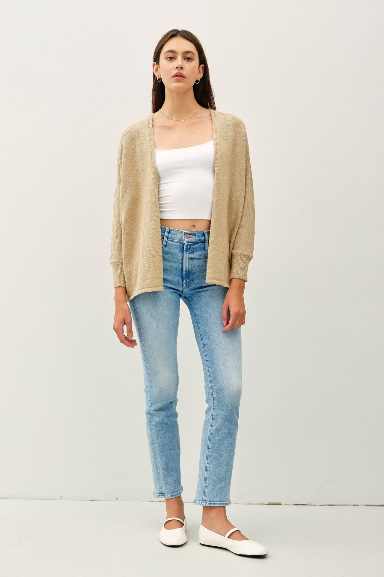 Taupe Slub Knit Open Cardigan