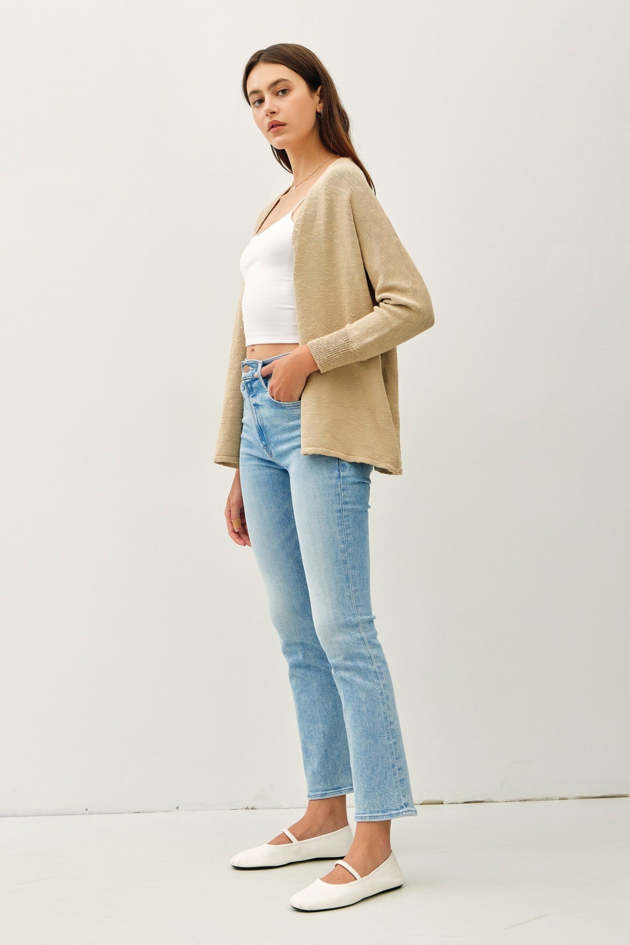 Taupe Slub Knit Open Cardigan