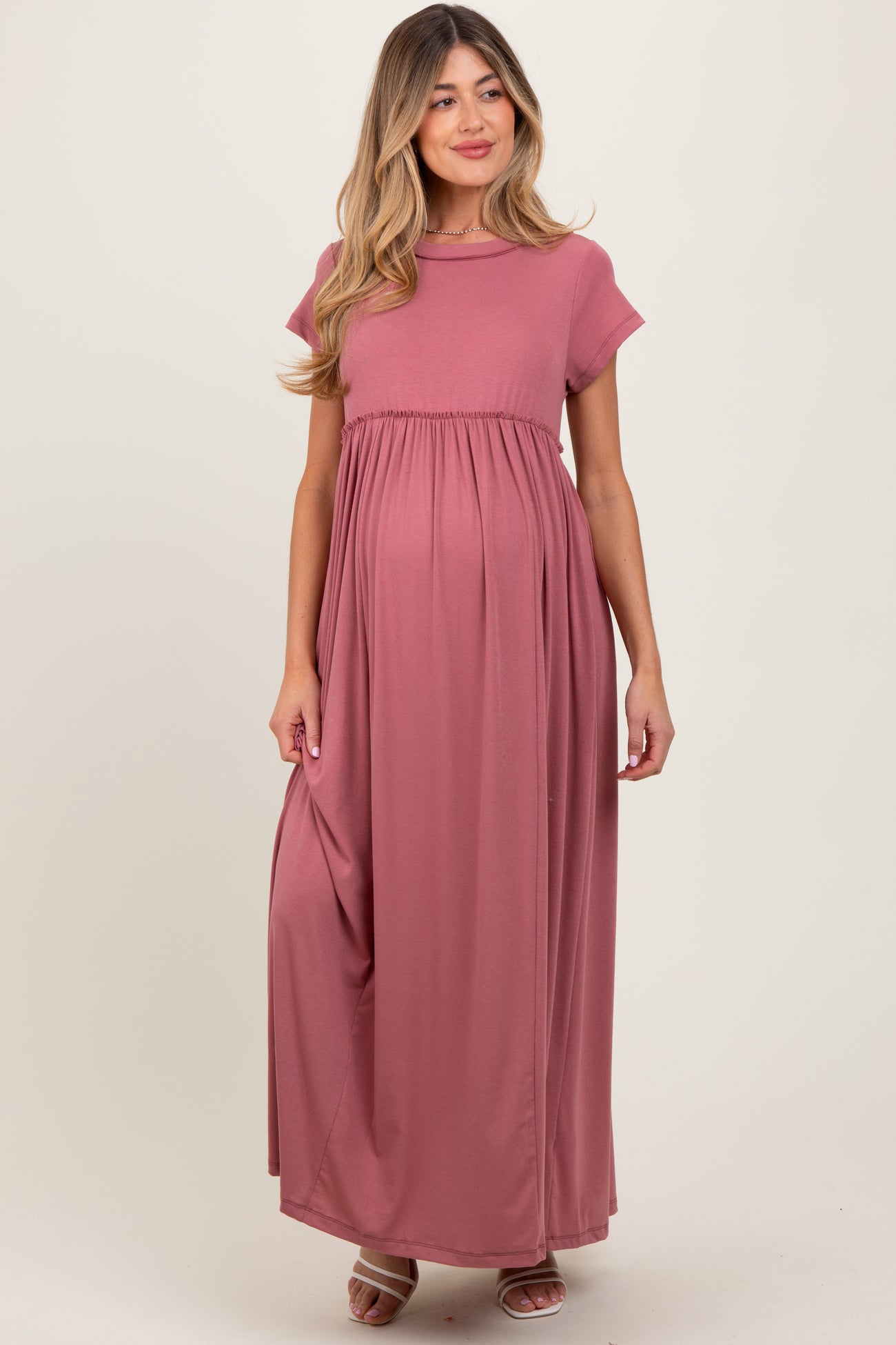 Mauve Short Sleeve Pocketed Maternity Maxi Dress