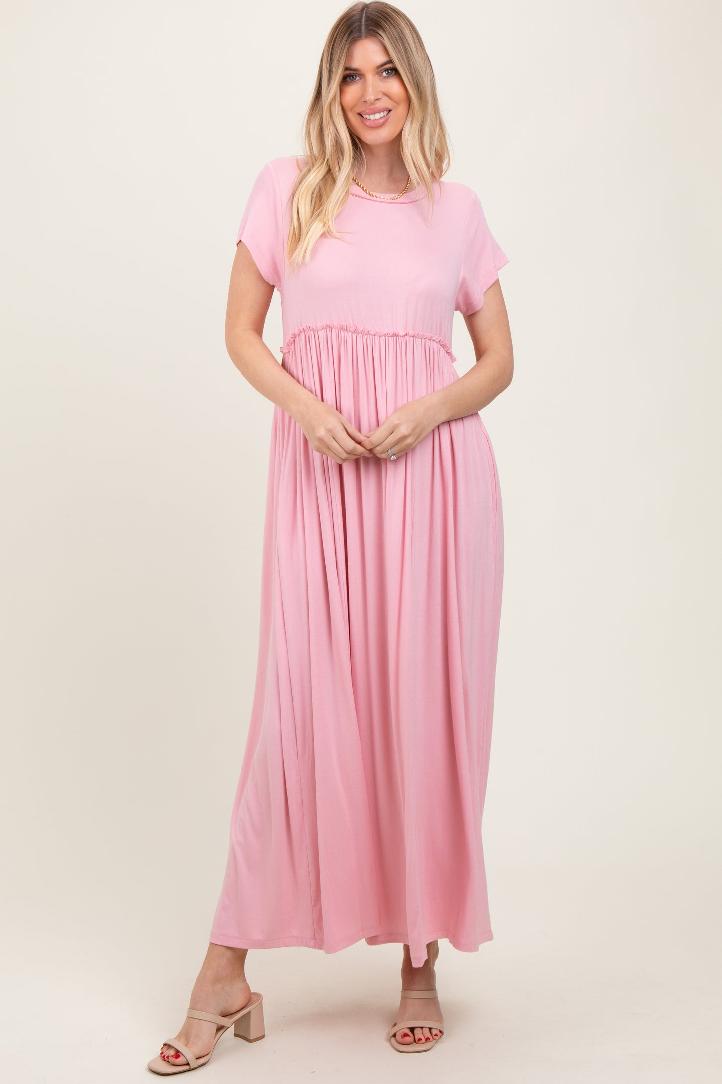 Light Pink Short Sleeve Pocketed Maternity Maxi Dress