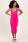 woman wearing a hot pink ribbed midi dress with a tie waist and a square neckline, smiling against a light background