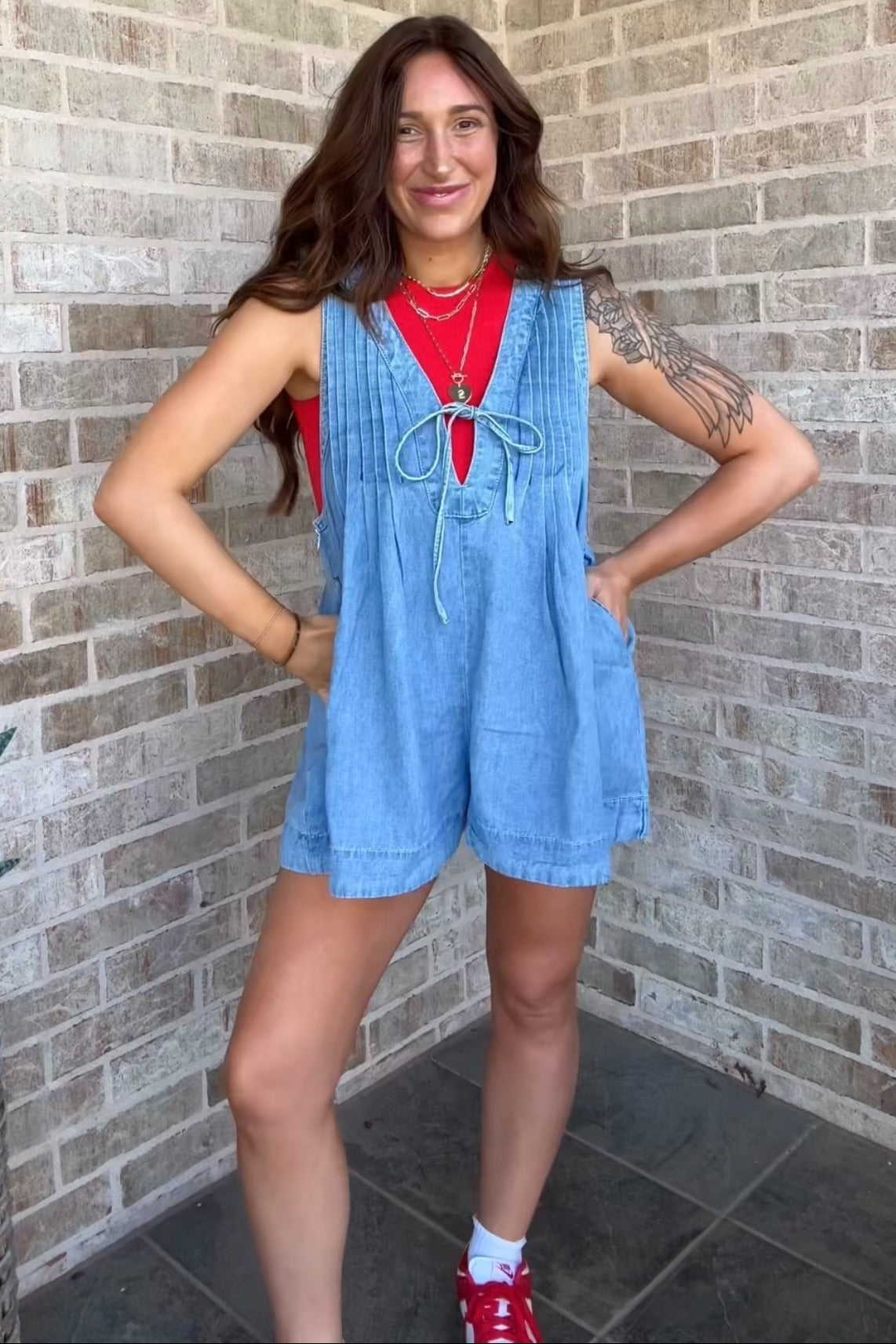 Light Blue Deep V-Neck Pleated Front Tie Sleeveless Maternity Romper
