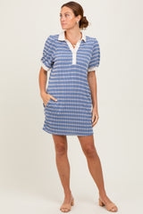 Blue Striped Ribbed Texture Polo Maternity Dress