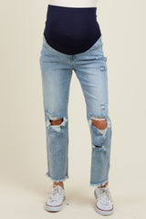 maternity wear navy blue high-waisted jeans with distressed details and visible baby bump