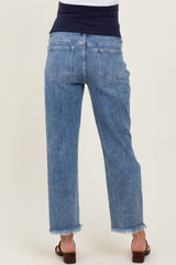 maternity wear light blue high-waisted jeans with a frayed hem, shown from the back