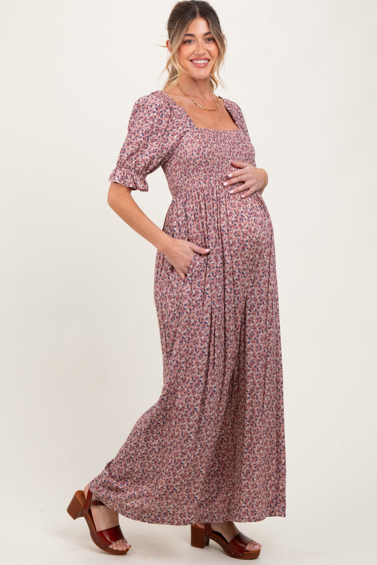 Mauve Floral Smocked Puff Sleeve Maternity Jumpsuit