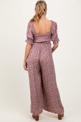 Mauve Floral Smocked Puff Sleeve Maternity Jumpsuit