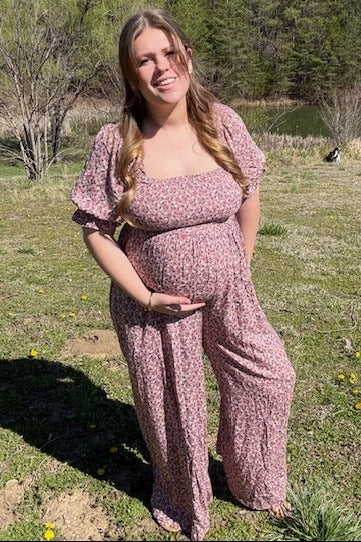 Mauve Floral Smocked Puff Sleeve Maternity Jumpsuit