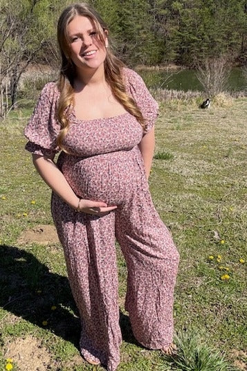 Mauve Floral Smocked Puff Sleeve Maternity Jumpsuit