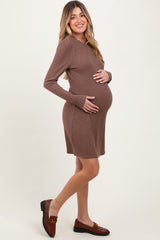 Mocha Textured Knit Ruffle Neck Long Sleeve Maternity Mini Dress