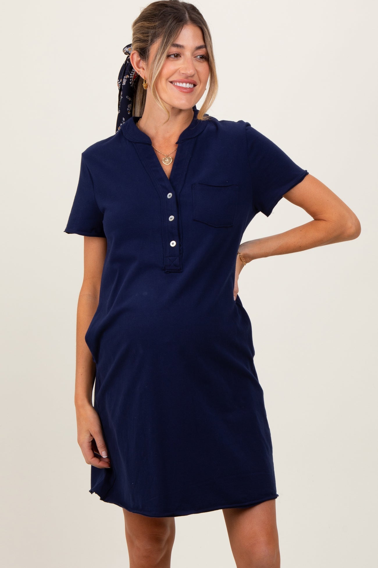 Navy Unfinished Seam Short Sleeve Maternity Mini Dress