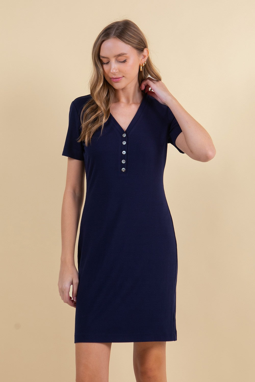 Navy Ribbed Short Sleeve Henley Maternity Dress