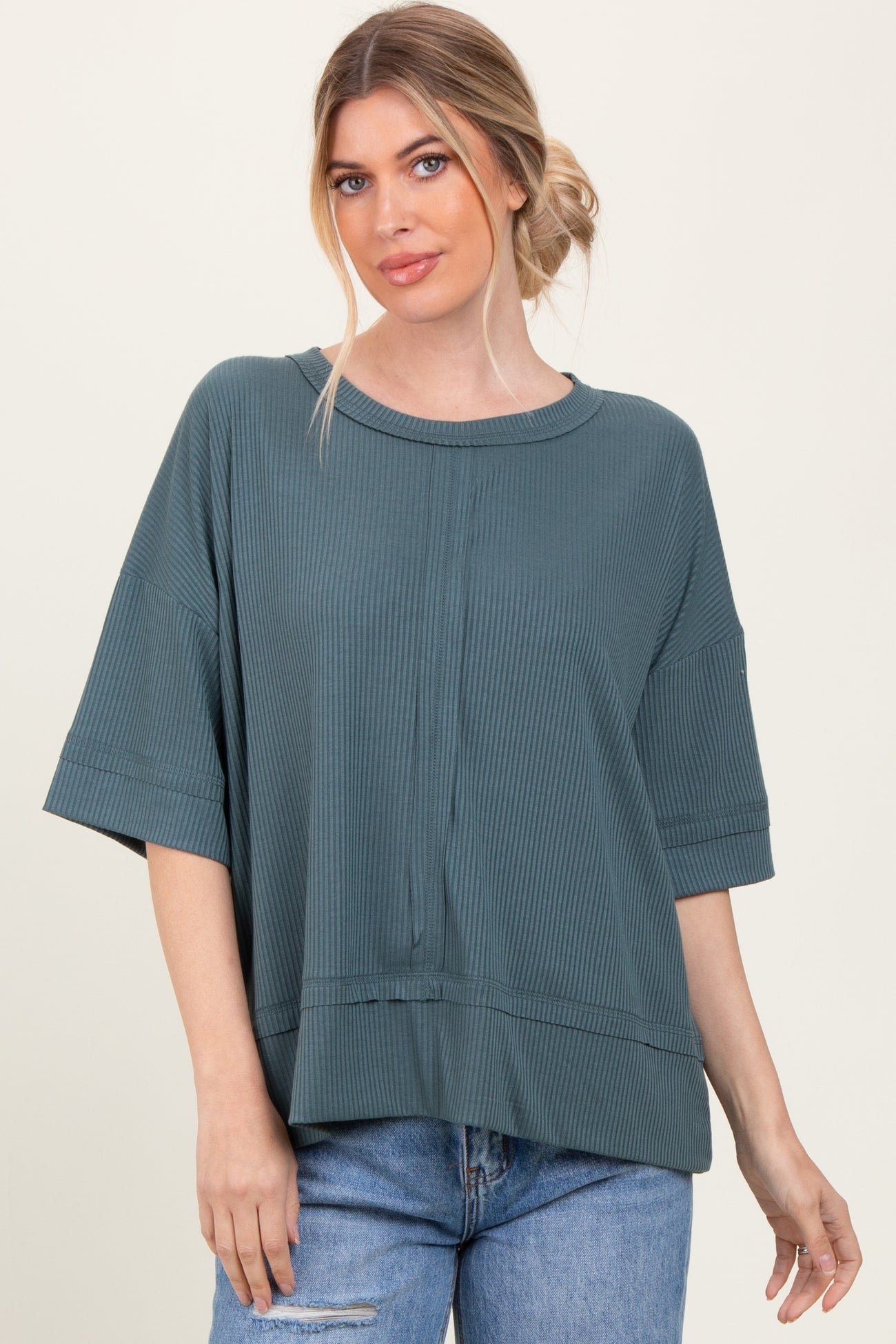 Teal Ribbed Boxy Fit Short Sleeve Maternity Top