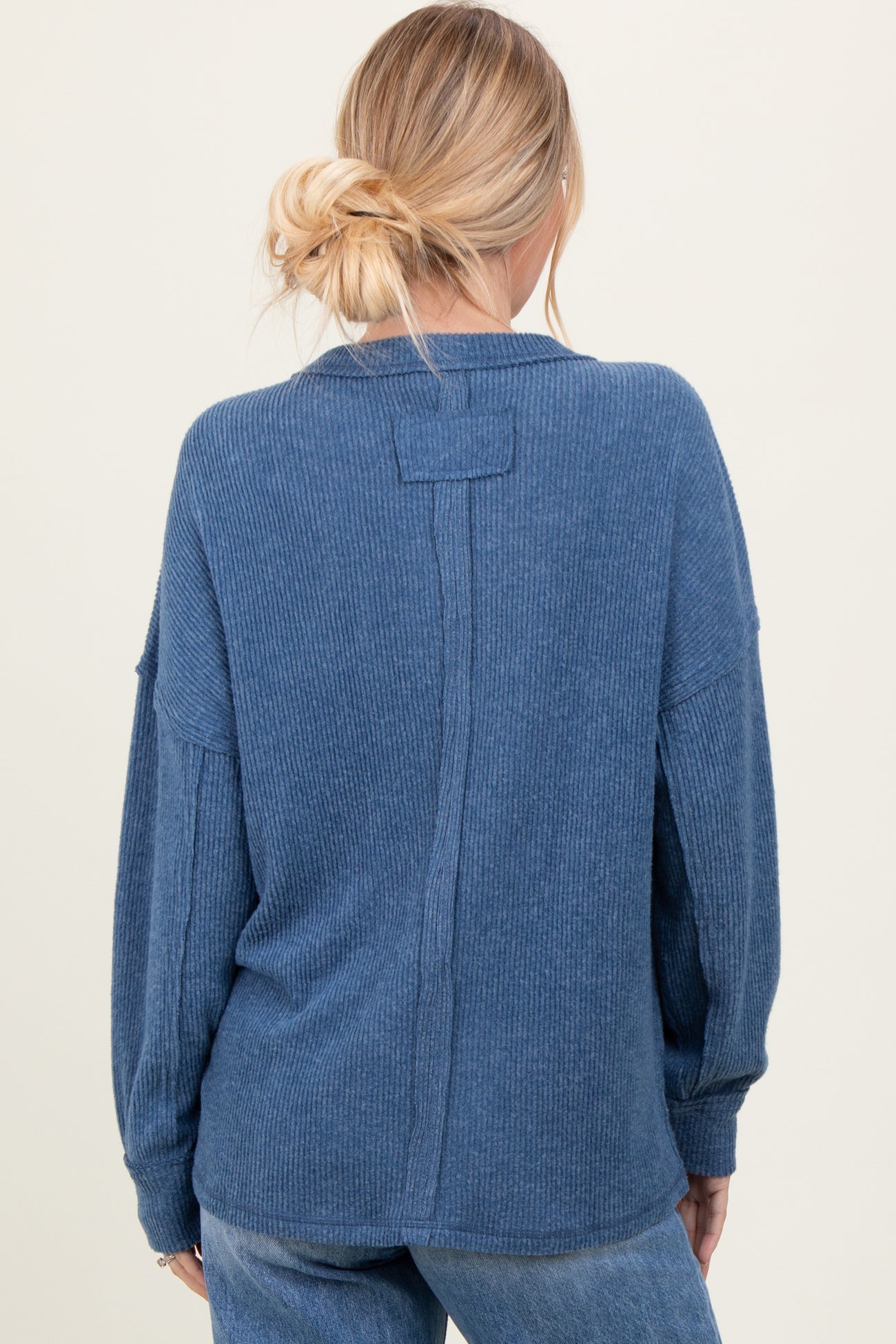 Blue Brushed Ribbed Knit Pullover