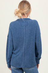Blue Brushed Ribbed Knit Pullover