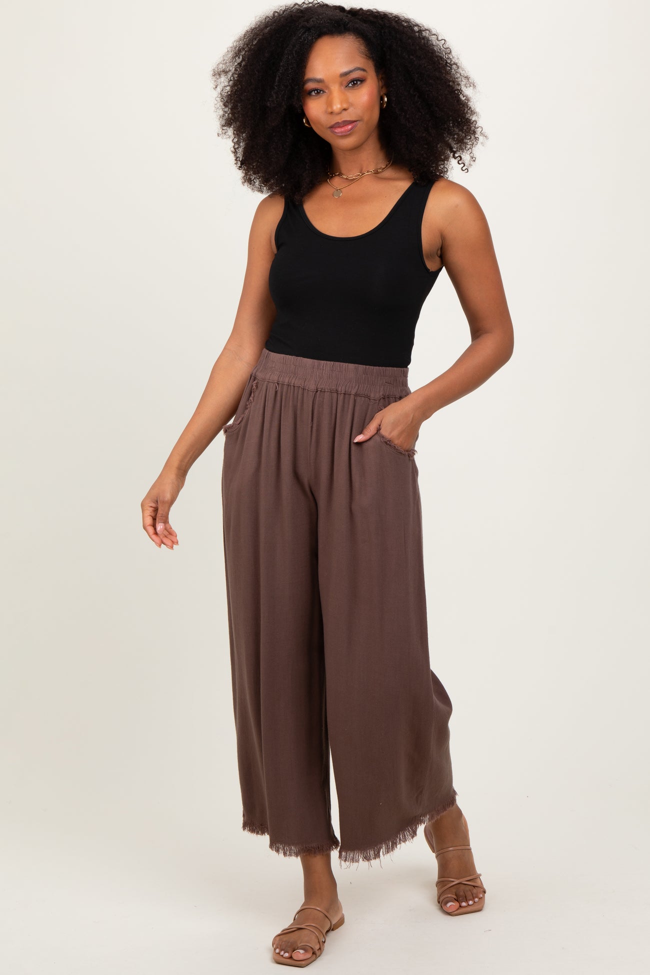 Brown Linen Frayed Hem Crop Pants