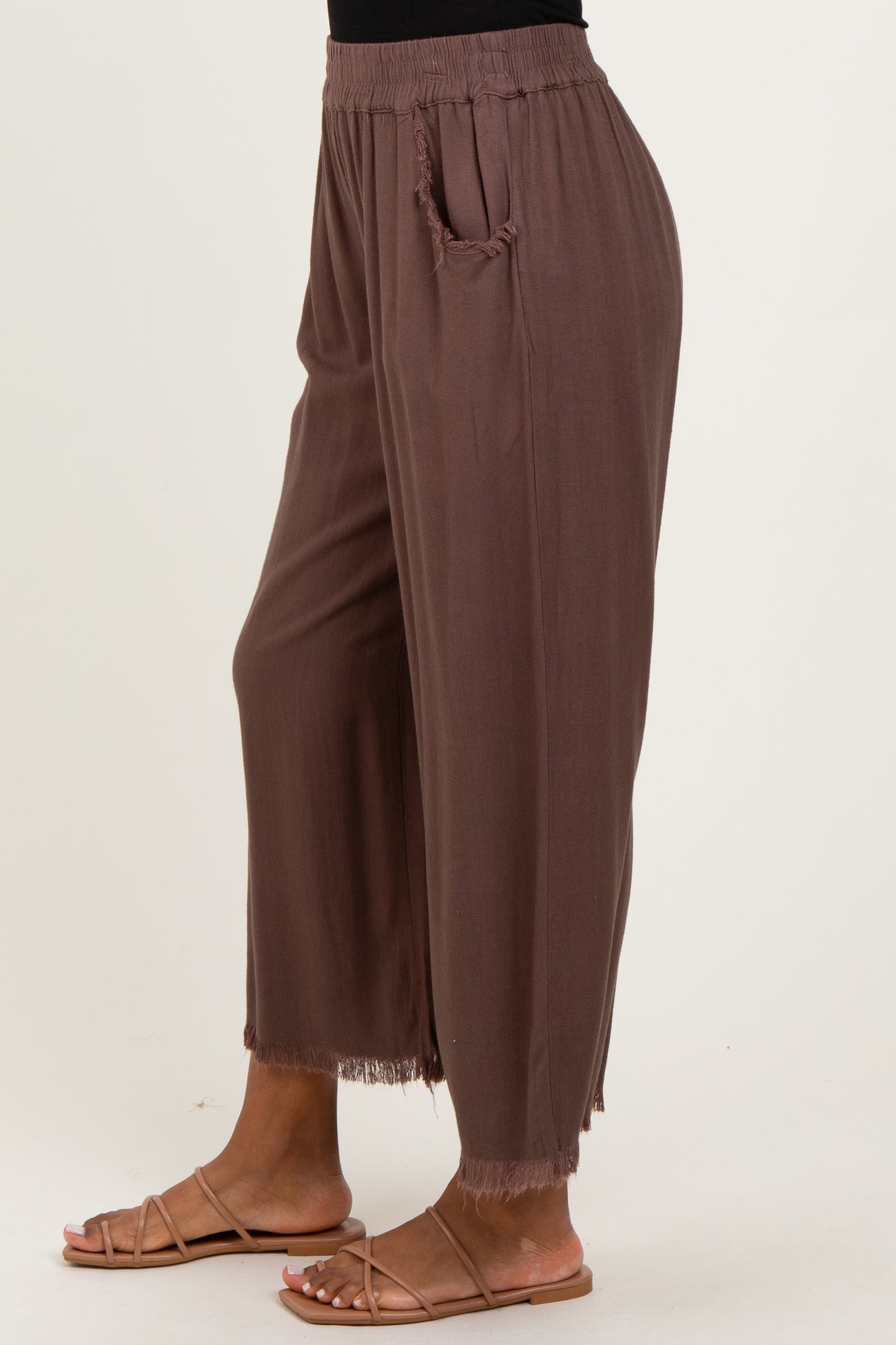 Brown Linen Frayed Hem Crop Pants