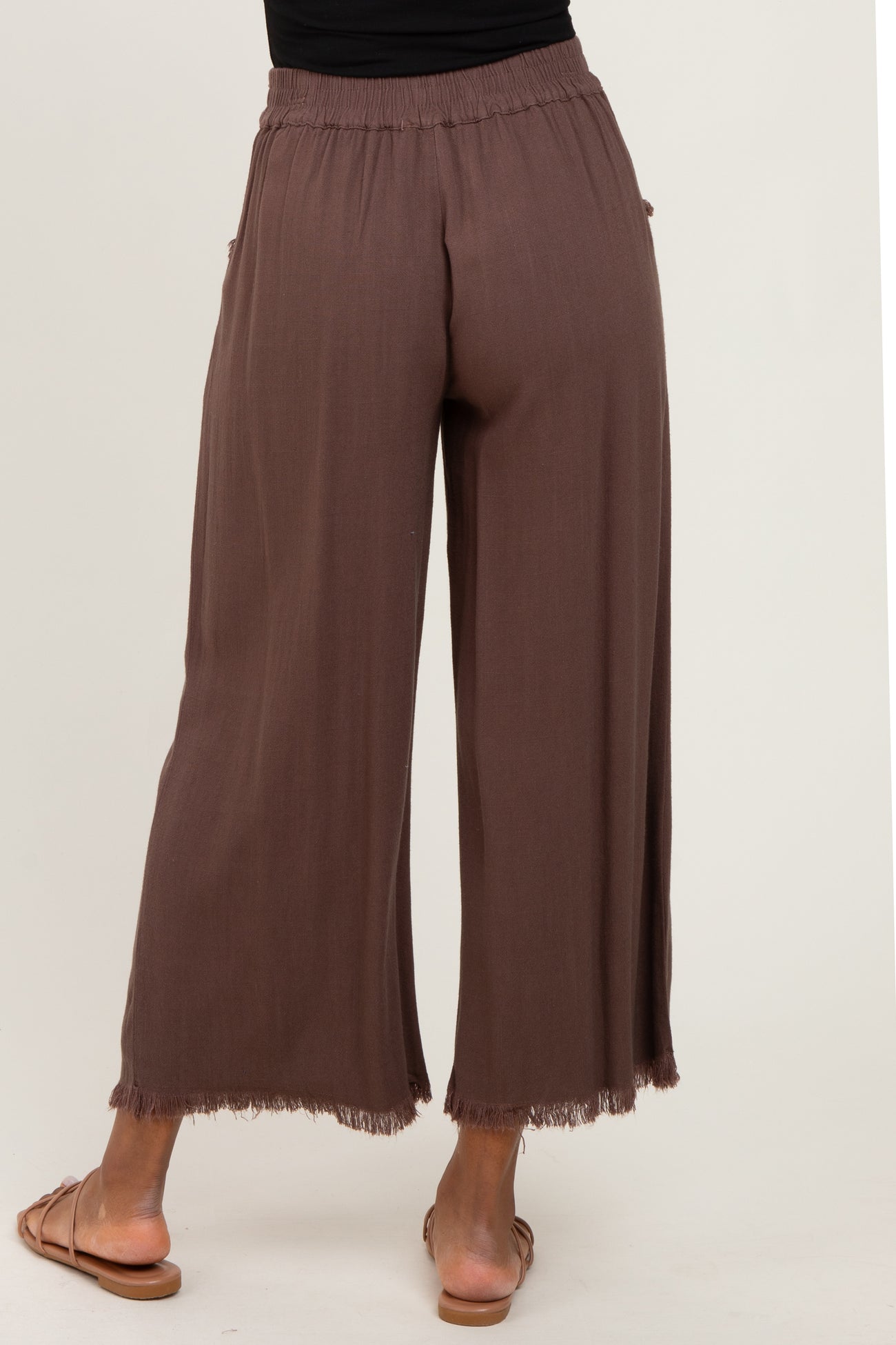Brown Linen Frayed Hem Crop Pants