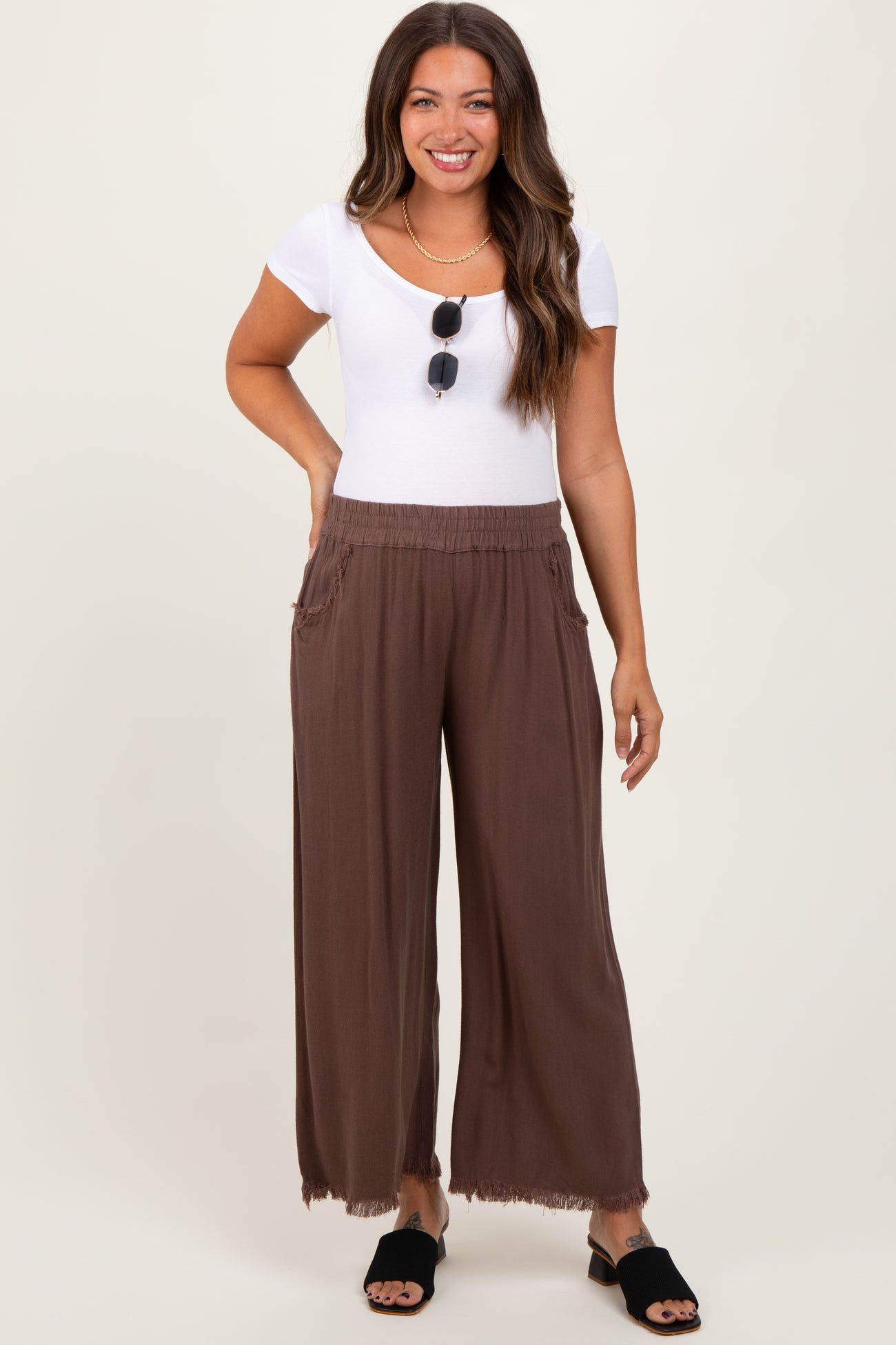 Brown Linen Frayed Hem Crop Maternity Pants