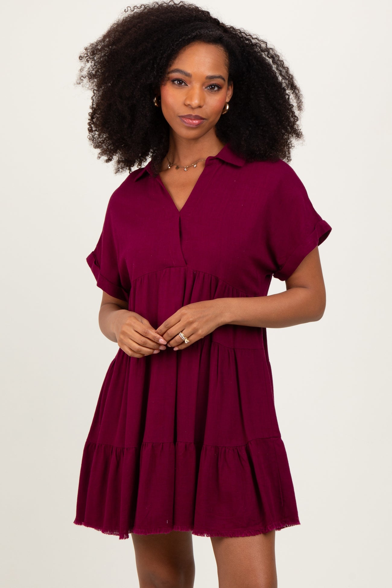 Burgundy Tiered Linen Maternity Dress