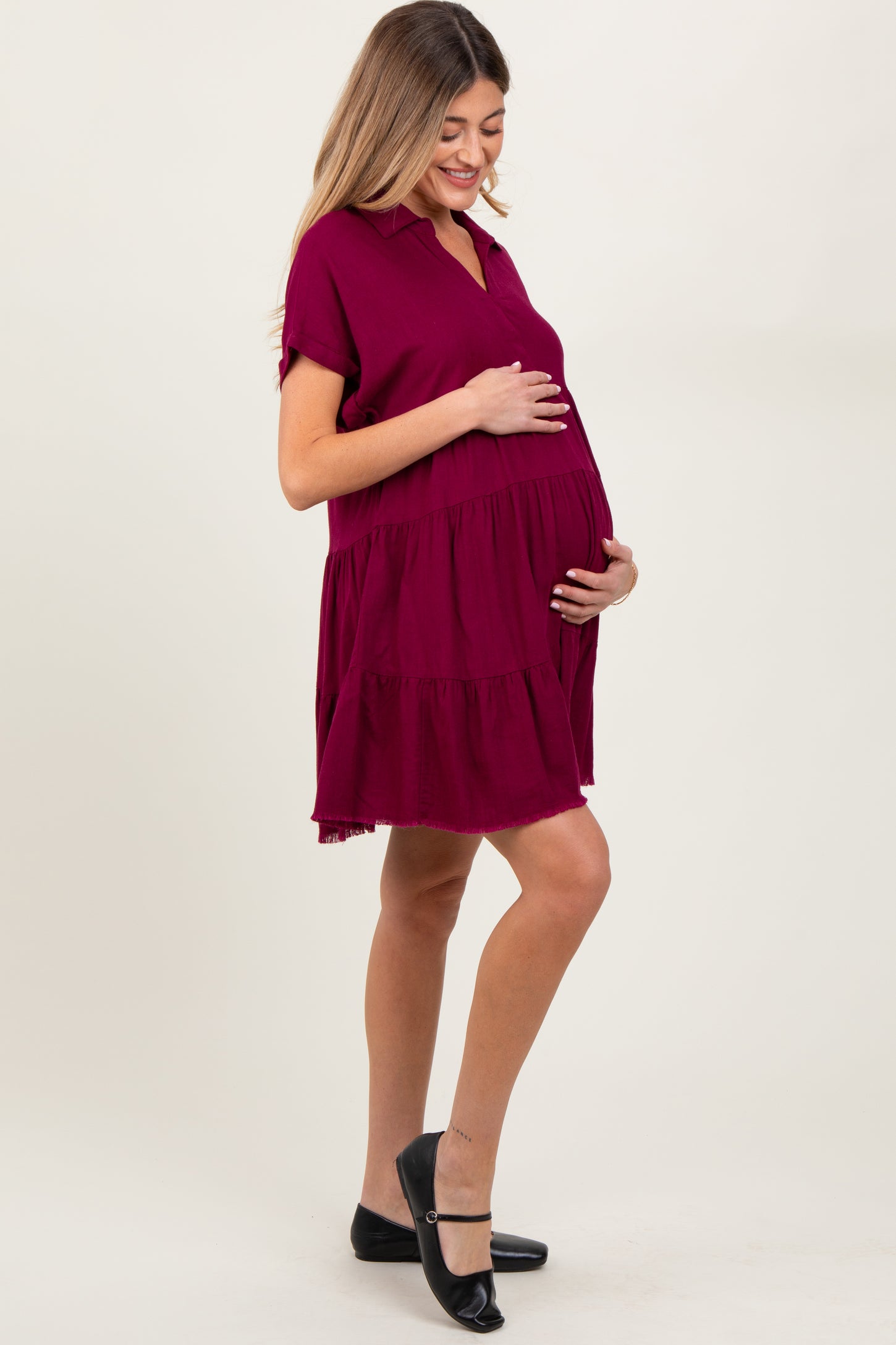 Burgundy Tiered Linen Maternity Dress