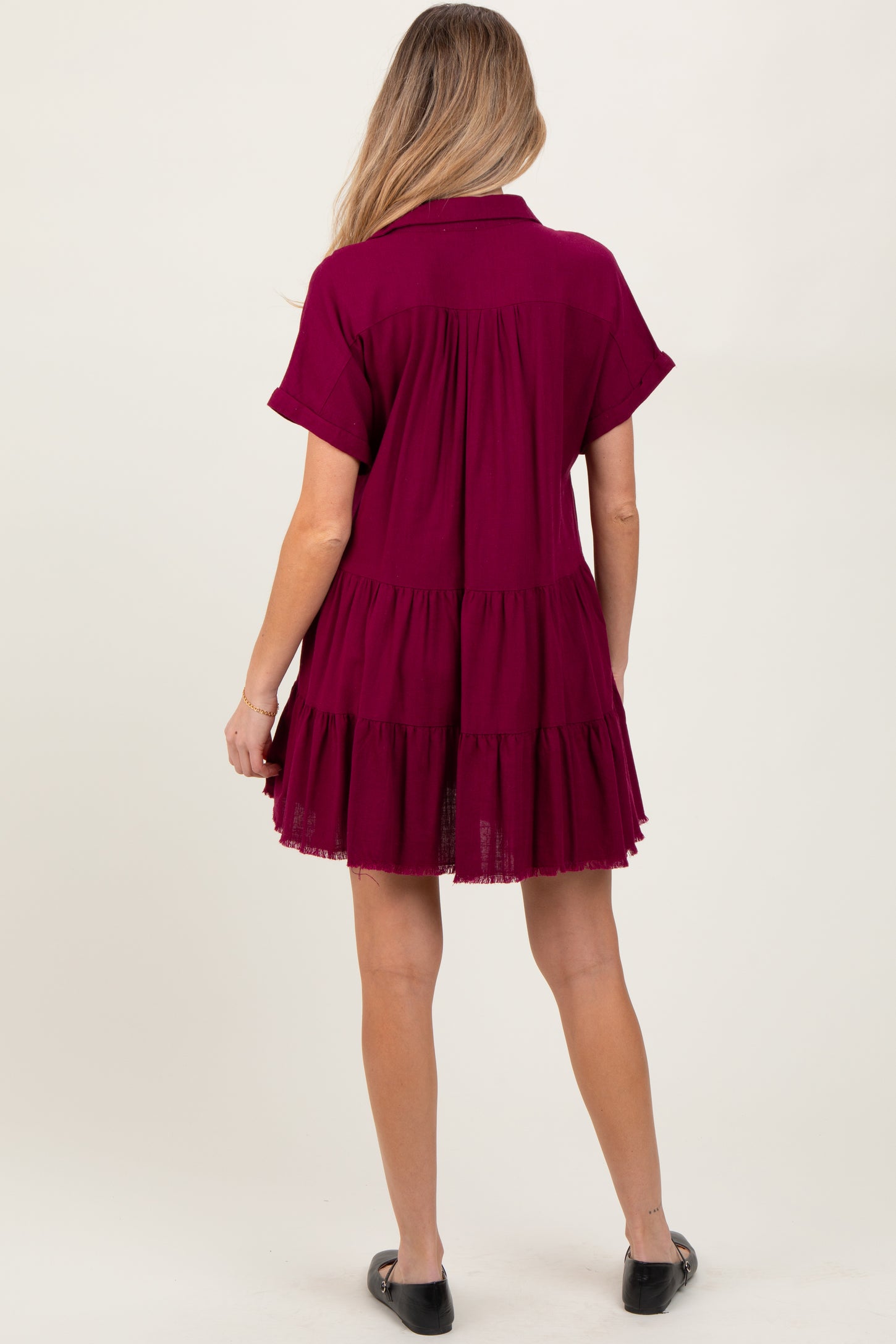 Burgundy Tiered Linen Maternity Dress