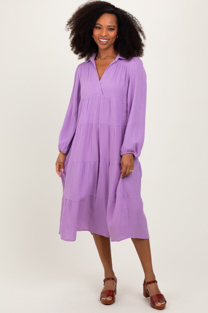 Lavender Light Weight Collared Tiered Maternity Midi Dress
