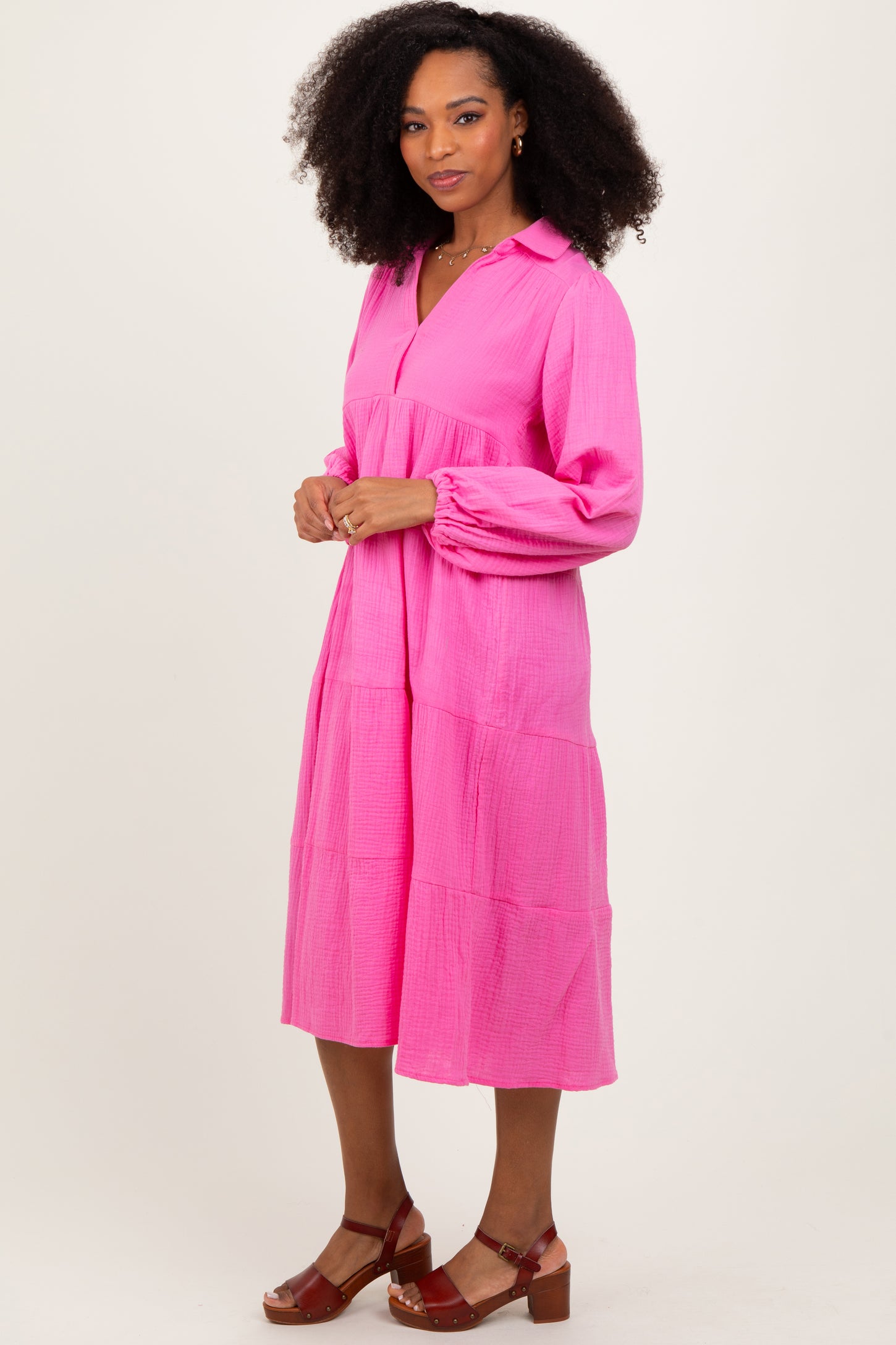 Fuchsia Light Weight Collared Tiered Midi Dress