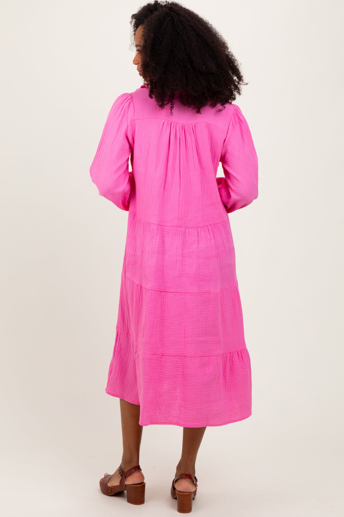 Fuchsia Light Weight Collared Tiered Midi Dress