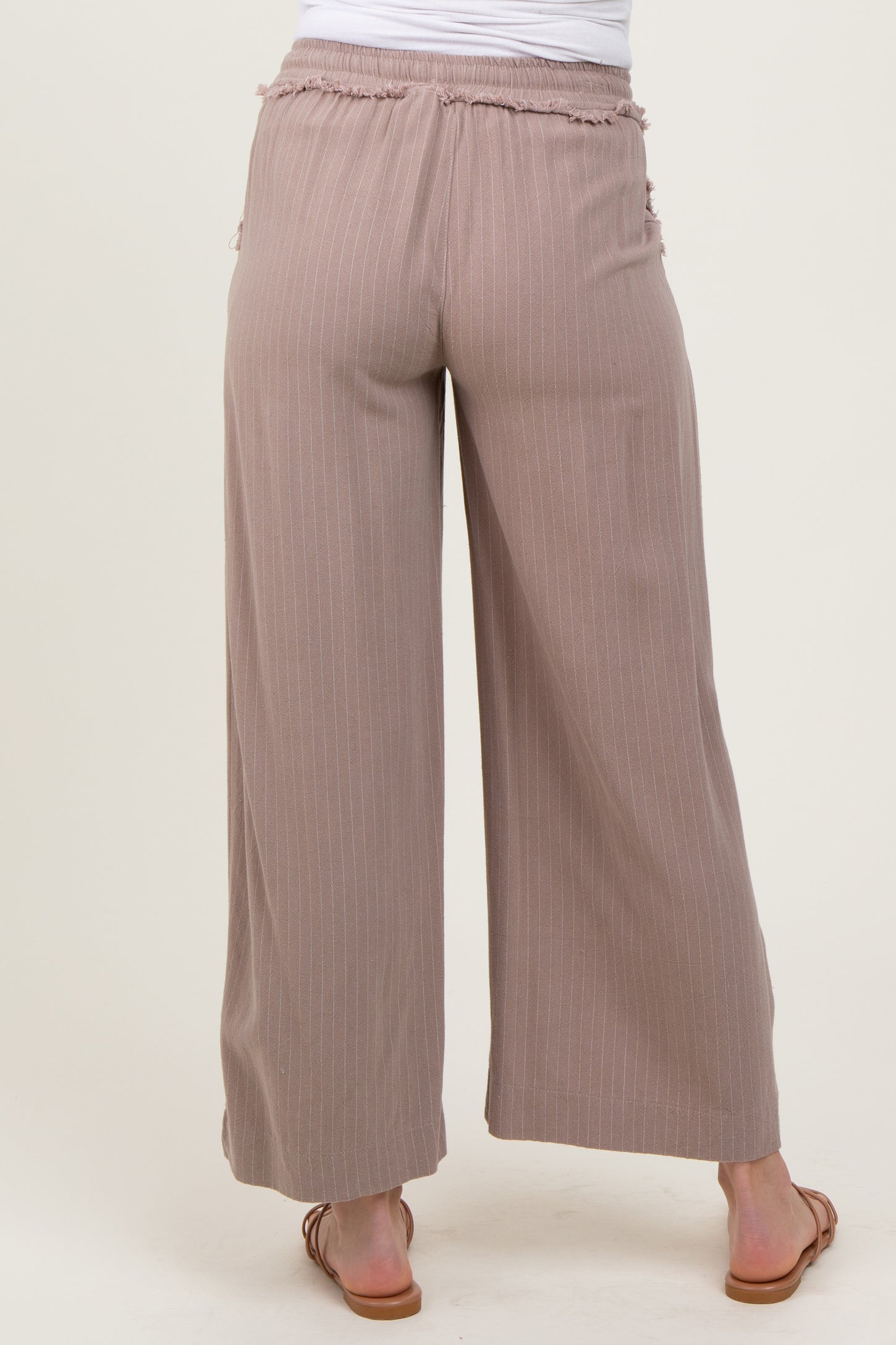 Mocha Striped Drawstring Linen Blend Maternity Wide Leg Pants