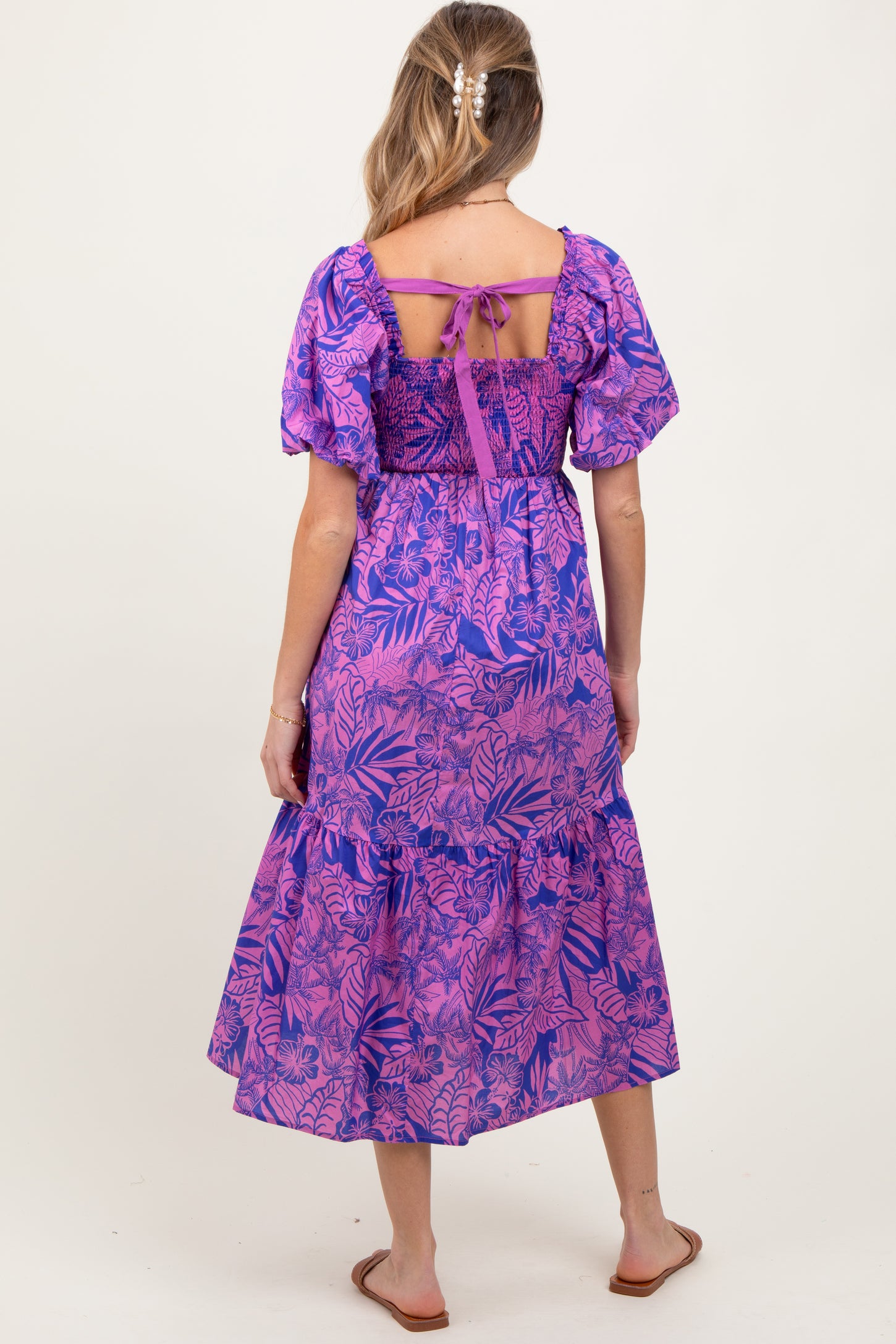 Magenta Tropical Floral Smocked Tie Back Maternity Maxi Dress