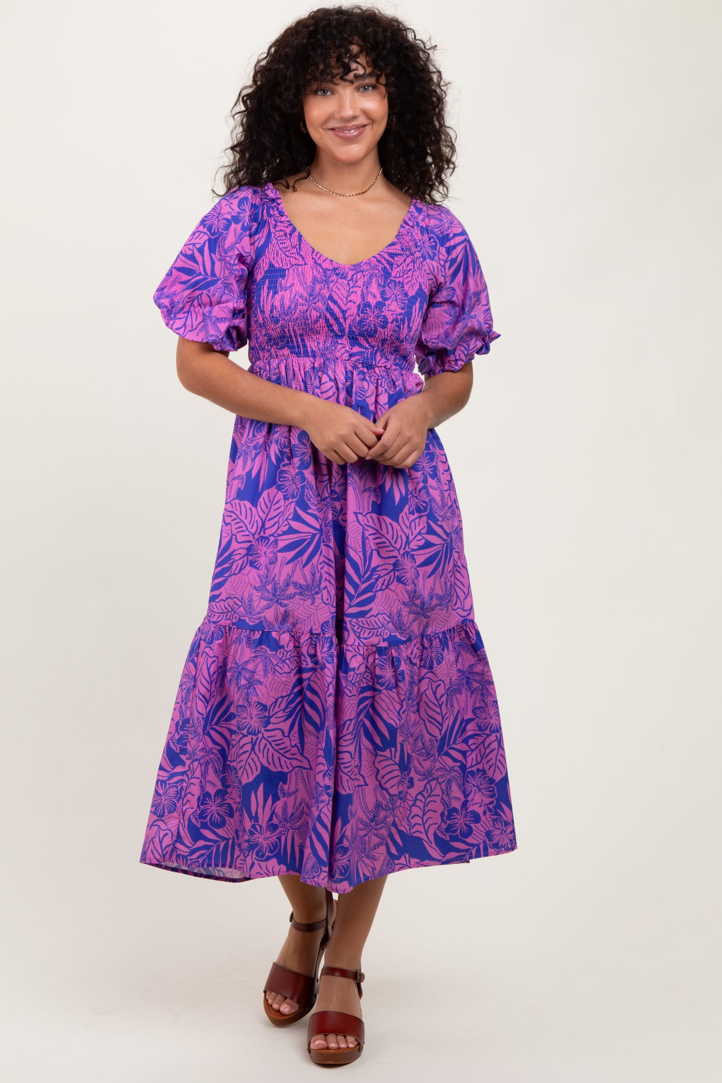 Magenta Tropical Floral Smocked Tie Back Maxi Dress