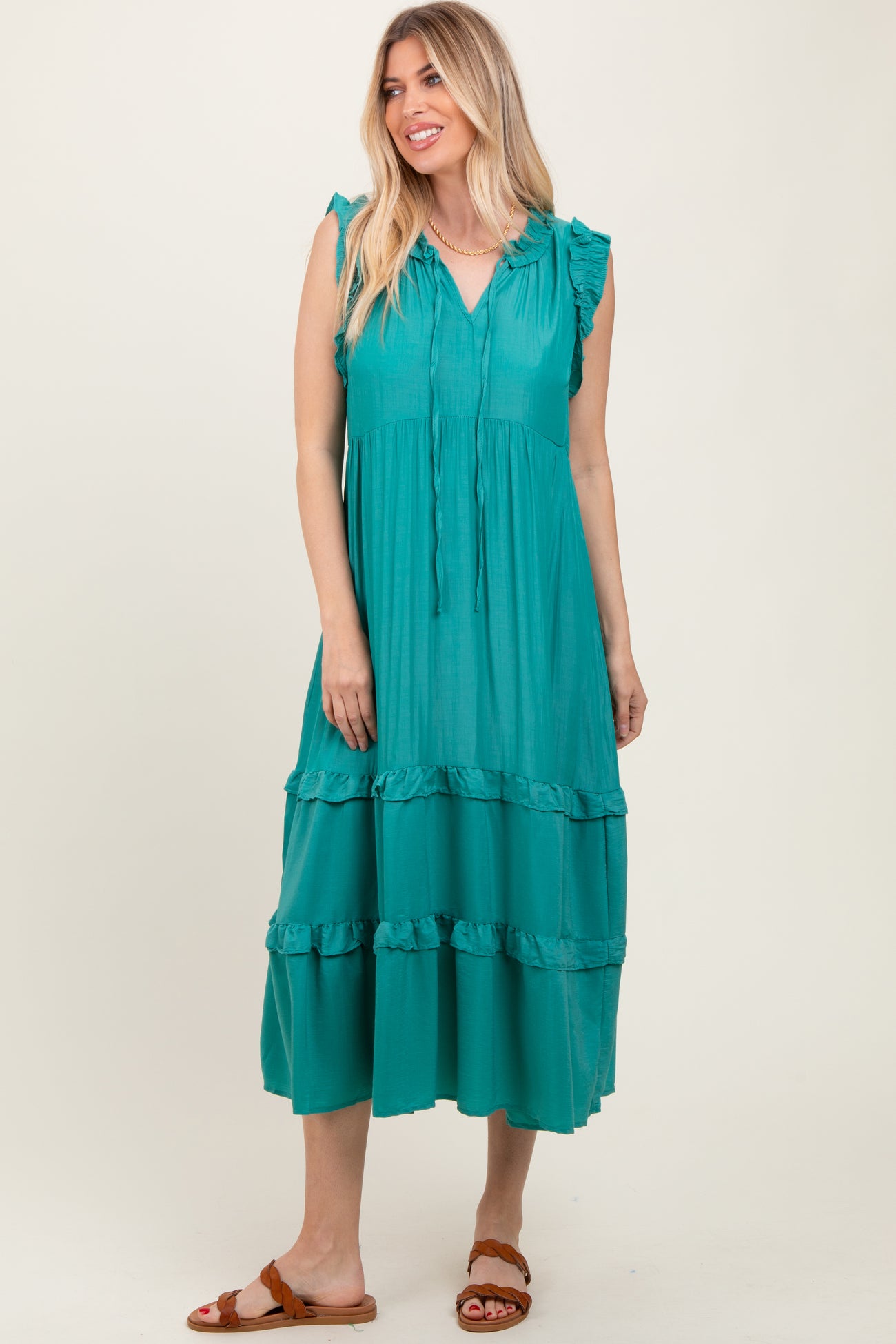 Green Ruffle Accent Tiered Front Tie Maternity Midi Dress