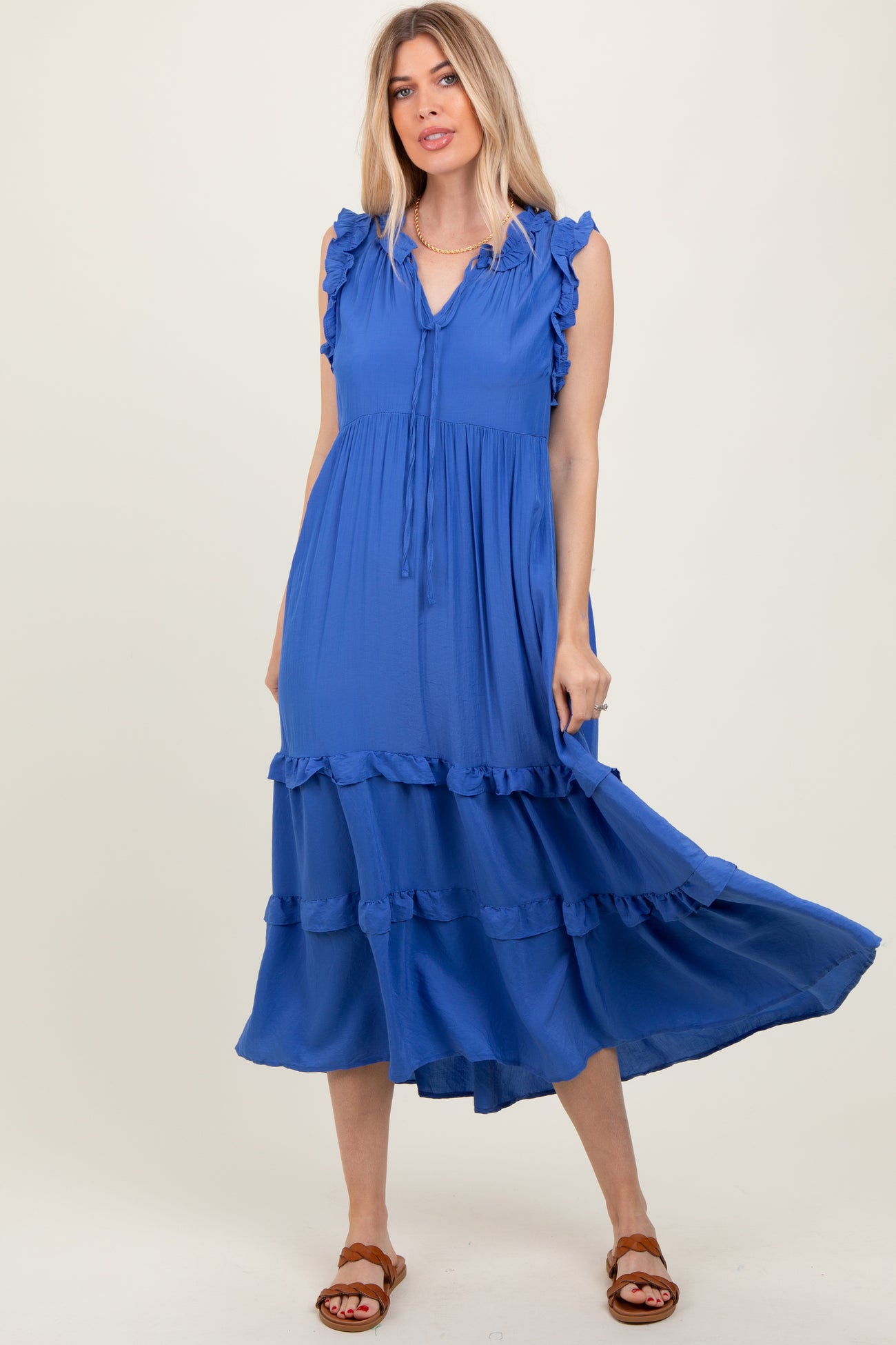 Blue Ruffle Accent Tiered Front Tie Maternity Midi Dress