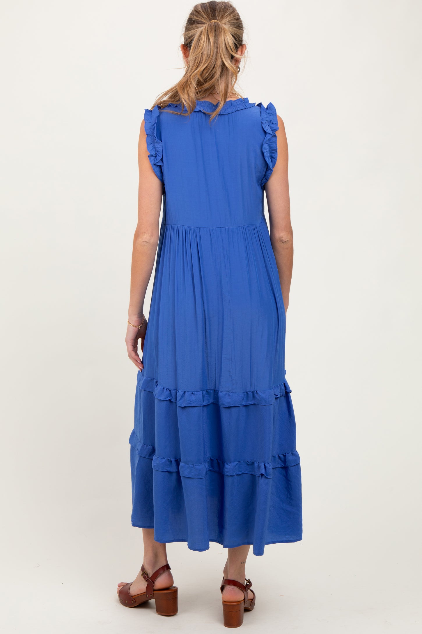 Blue Ruffle Accent Tiered Front Tie Maternity Midi Dress