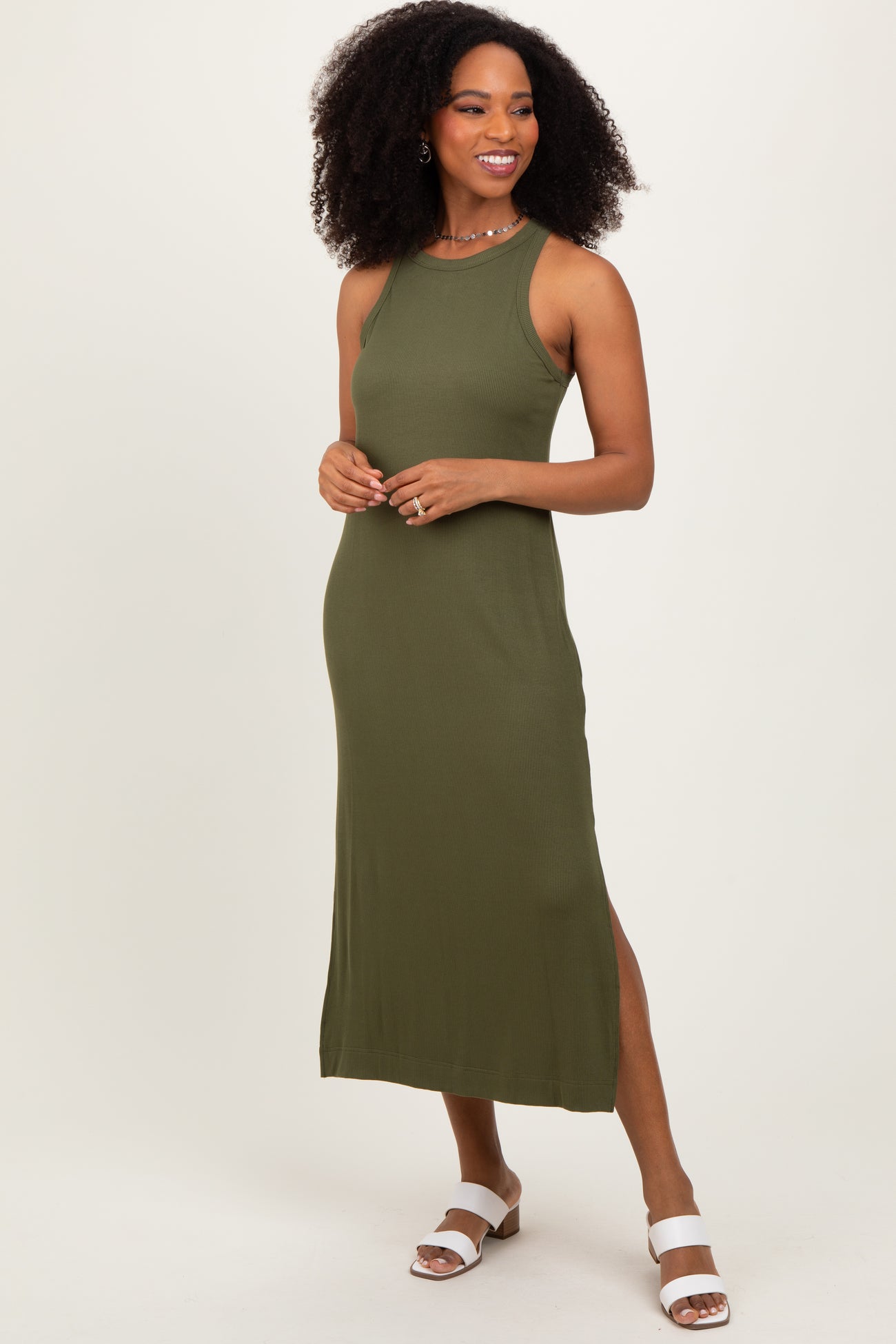 Olive Sleeveless Side Slit Maternity Midi Dress