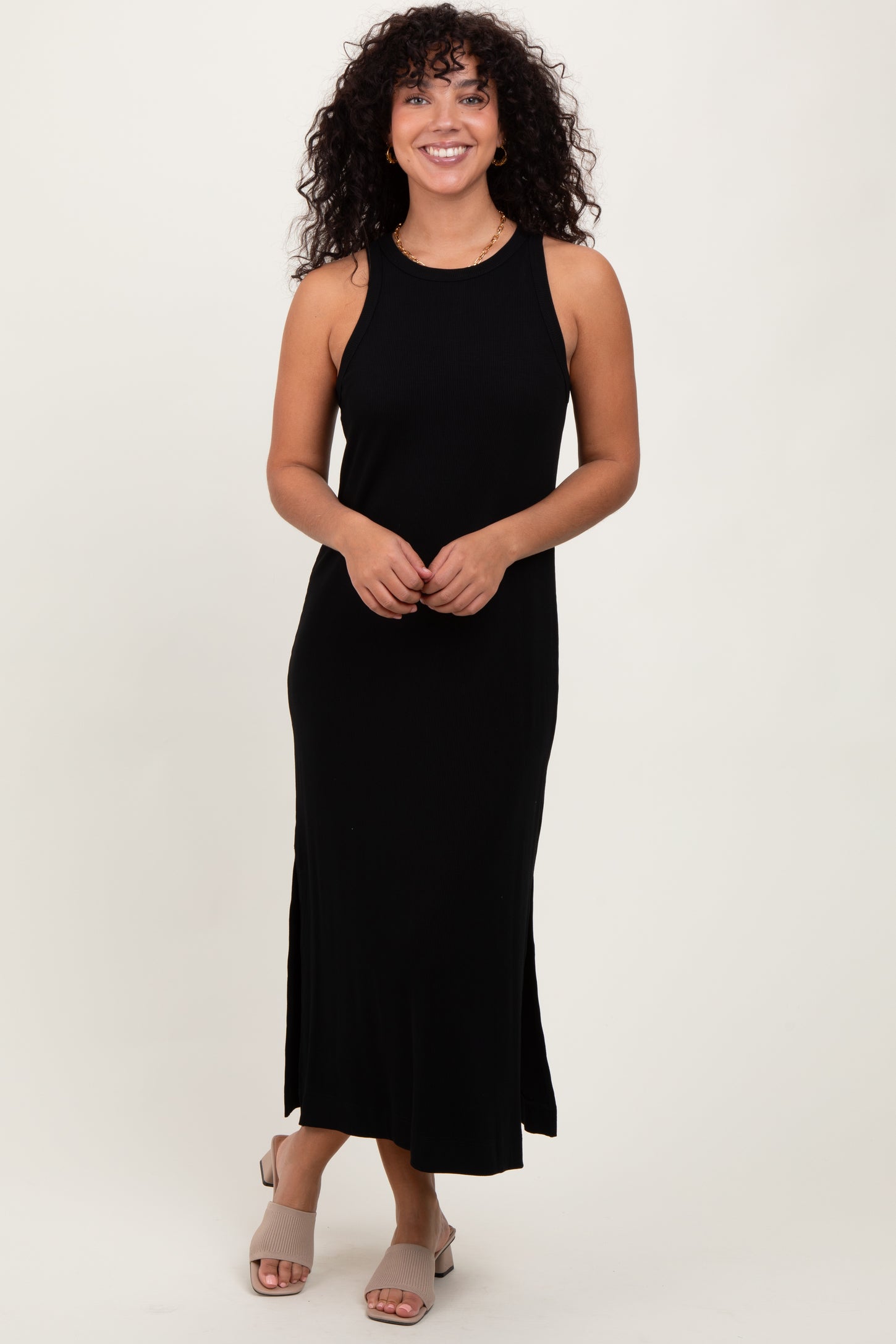 Black Sleeveless Side Slit Maternity Midi Dress