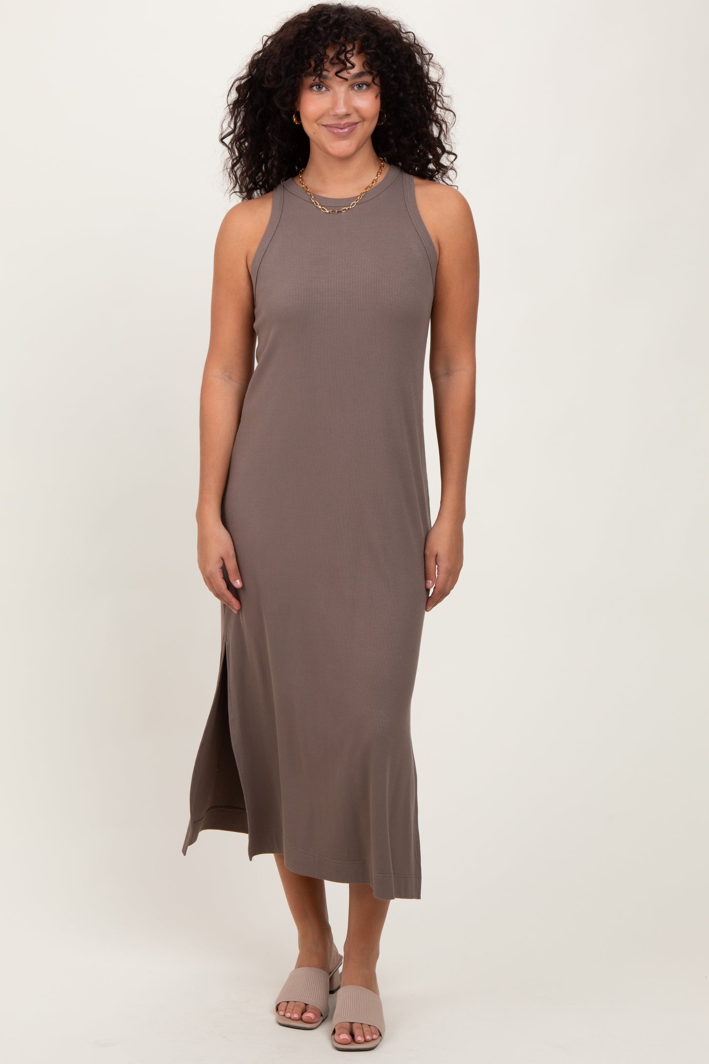 Mocha Sleeveless Side Slit Maternity Midi Dress
