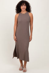 Mocha Sleeveless Side Slit Maternity Midi Dress