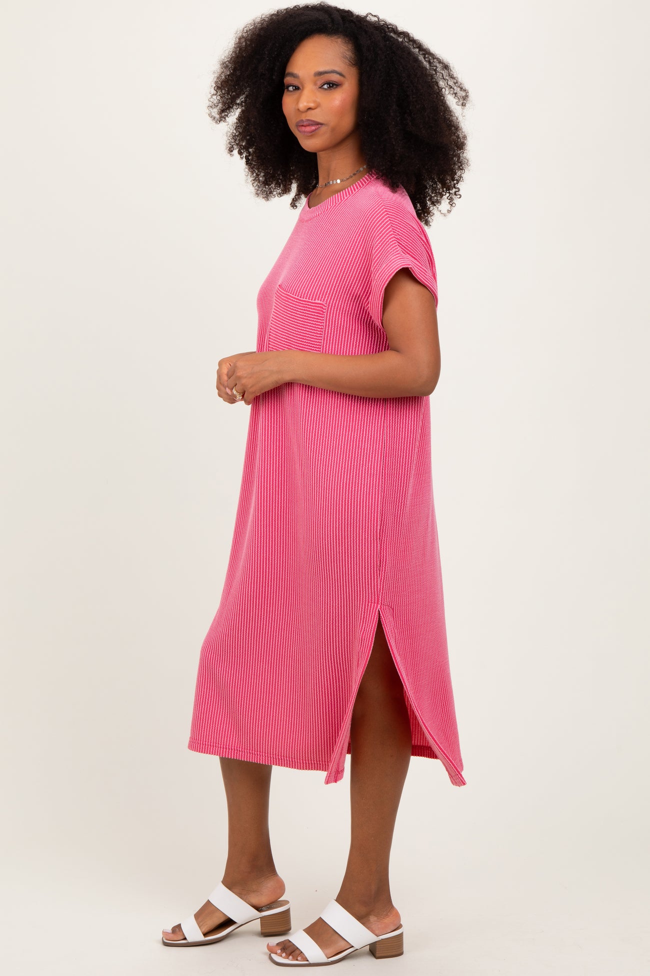 Pink Ribbed Short Sleeve Front Pocket Midi Dress